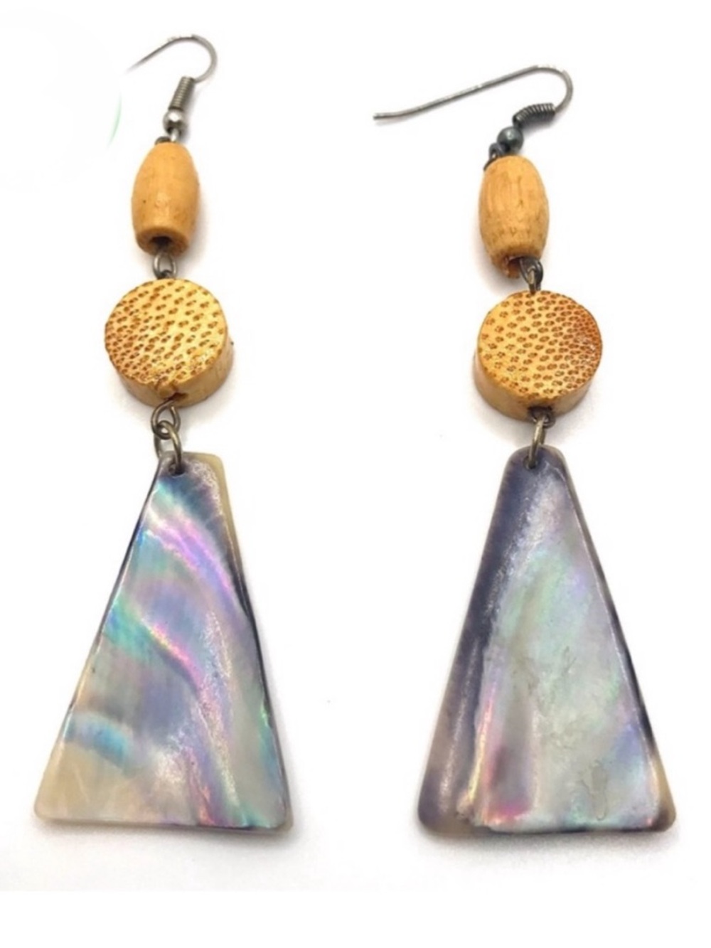 VINTAGE 1980'S PLASTIC ABALONE SHELL LOOK DANGLE J HOOK EARRINGS